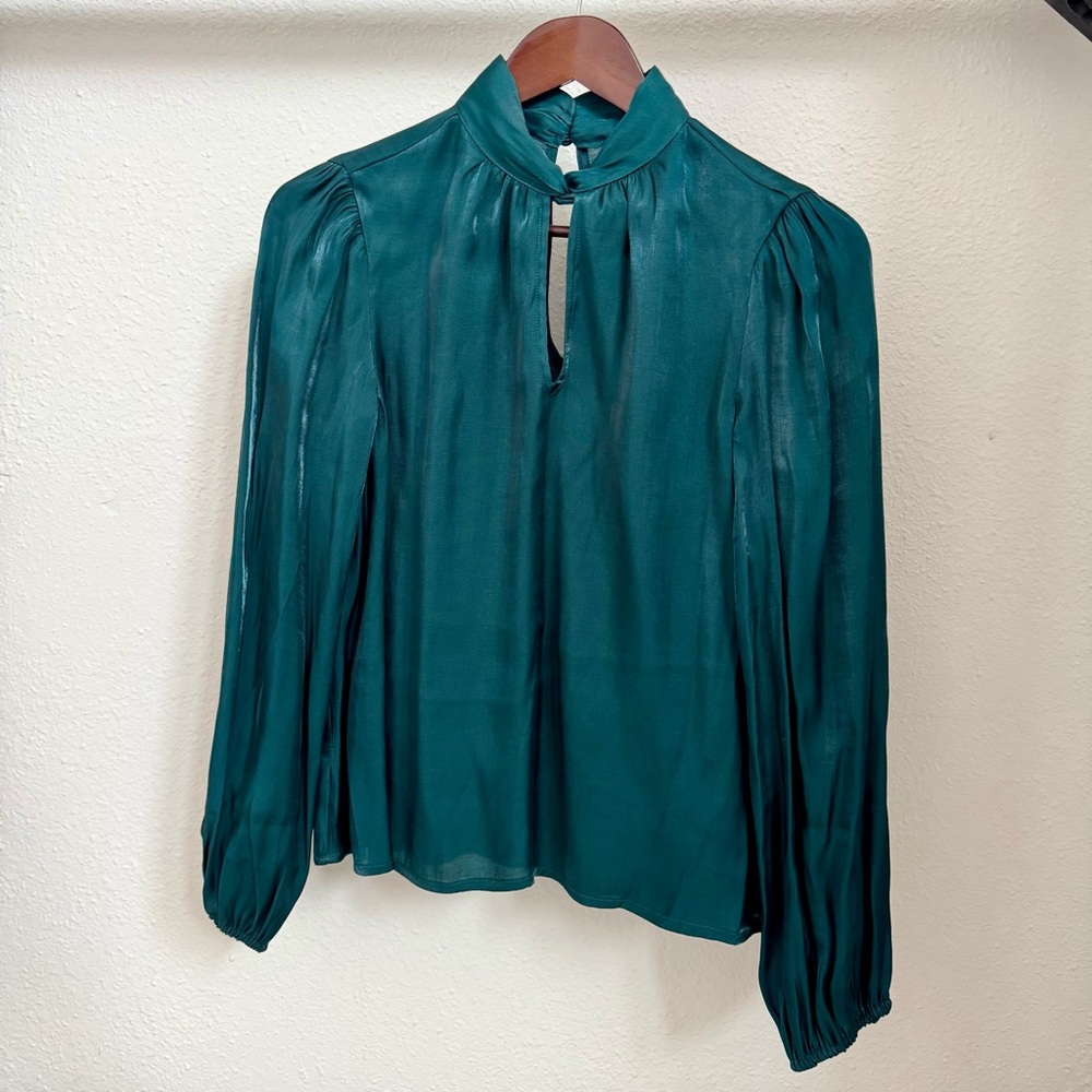 Green Satin Twist Neck Long Sleeve Blouse
